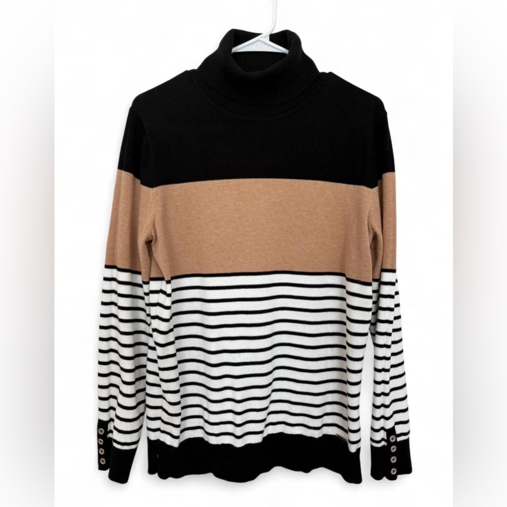 Women Tommy Hilfiger Neutral Striped Turtleneck Sweater Large Preppy Lightweight